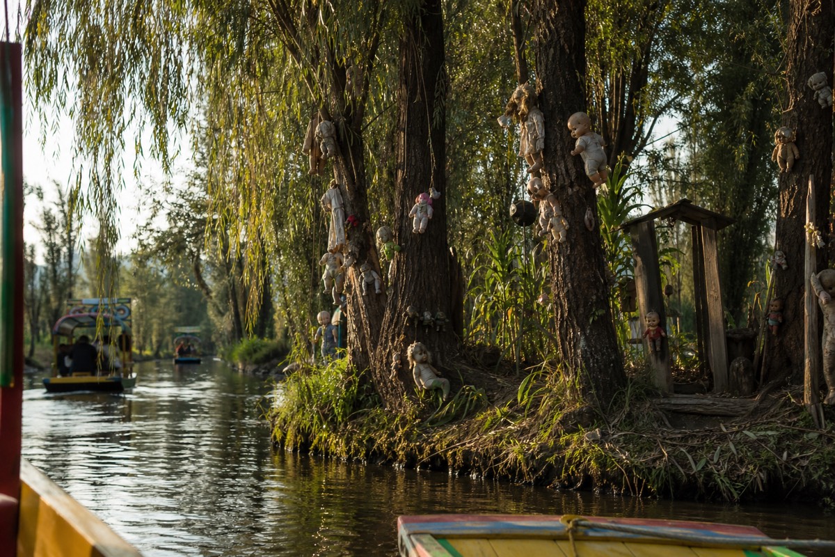 Weathered dolls hanging from trees on a canal island in Xochimilco seen from an approaching boat