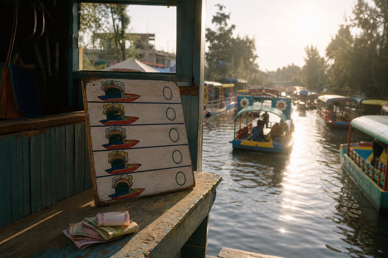 Weathered wooden ticket booth at a Xochimilco boat dock with a hand-painted hourly rate board and folded peso notes on the counter