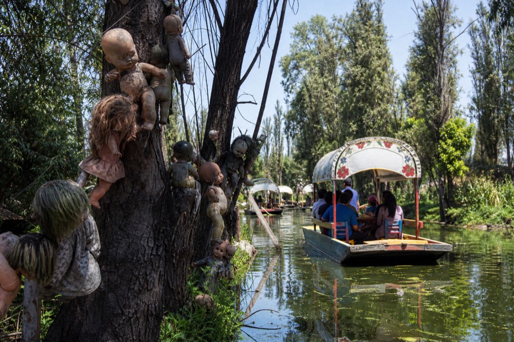 Overgrown chinampa bank crowded with weathered plastic dolls tied to tree branches, faces turned toward the water