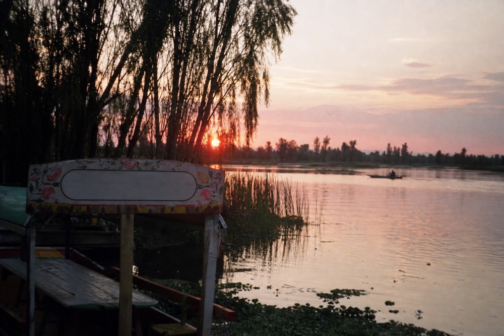 Sunrise over an empty lagoon with pink light on flat water, silhouetted reeds and a single small boat crossing the far side