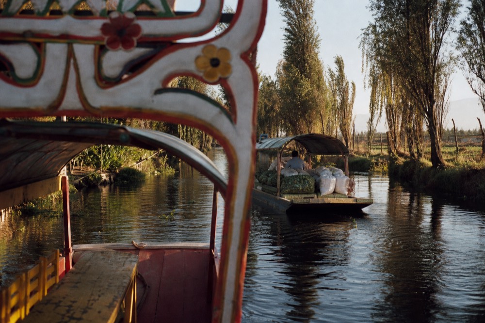 Canal lined with willows and poplars, farm plots on both banks, a small open boat loaded with sacks of vegetables moving away from the camera