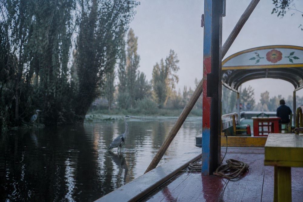 A boatman's long wooden pole leaning against a painted canopy post with coiled rope beneath it on wet decking