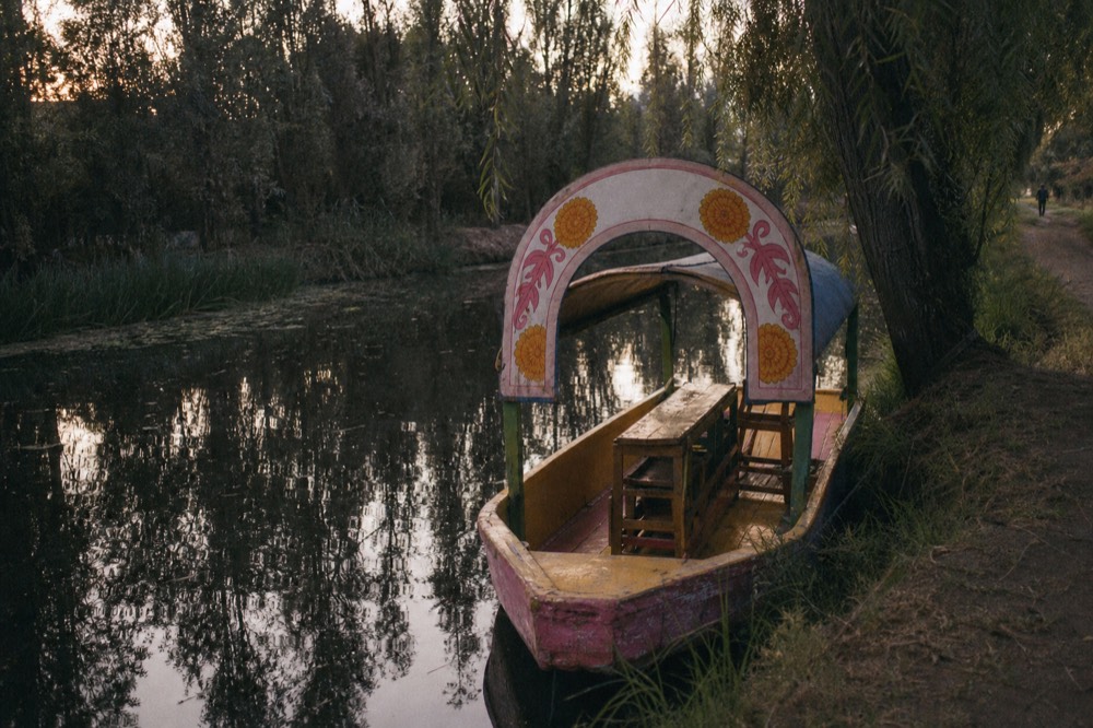 Willow-shaded quiet canal with a single boat pulled up against a chinampa bank, no other boats in sight and reeds along the waterline